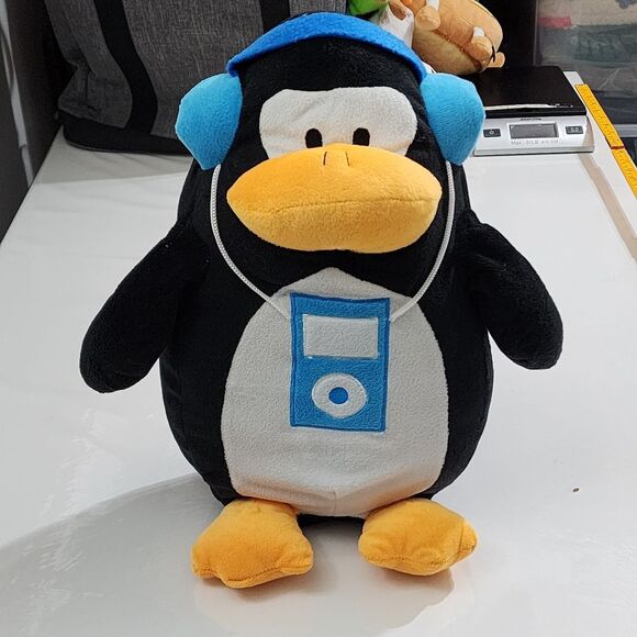 Large Penguin Listening to Music on Blue Headphones & iPod Plush Stuffed Animal - Picture 1 of 15